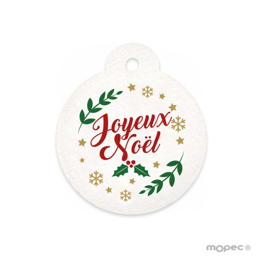 20 Tarjetas blancas forma bola de Abeto Joyeux Noël Ø4,7cm.