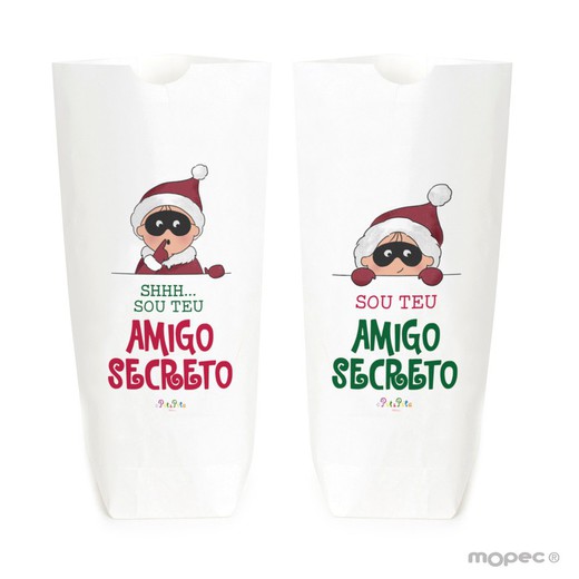 Bolsa de papel blanca Pit&Pita Amigo Invisible en portugués