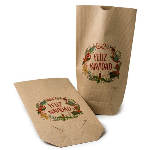 Bolsa Kraft corona Feliz Navidad 18x32x7cm., min.25