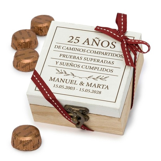 Caja madera 25 aniversario personalizada 4bombones