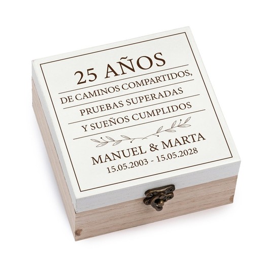 Caja madera 25 aniversario personalizada 8x4x8cm.