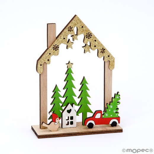 Casa de madera navideña con purpurina 11,5x15,5cm.