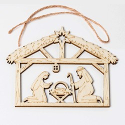 Colgante madera pesebre con cordel 9,5x7,5cm., min.10