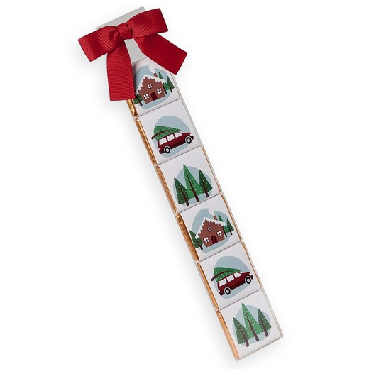 Estuches de 6 chocolates con dibujos navideños, coche/cabaña/bosque