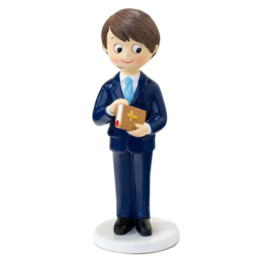 Figura comunión niño traje azul y biblia en mano 17cm