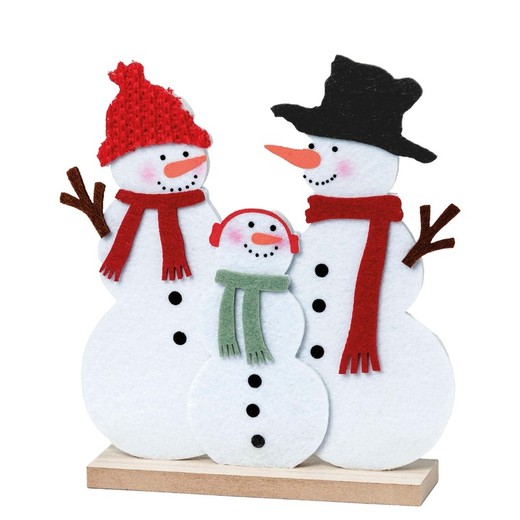 Figura familia muñecos de nieve con base madera 18cm.