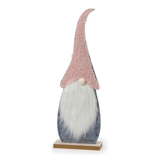 Figura Gnomo gorro rosa y base madera 40cm.