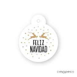 Pack 24 tarjetas con forma de bola de Navidad con mensaje de Feliz Navidad y Renos Ø4cm.