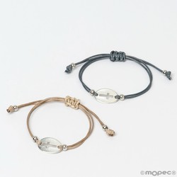 Pulsera cruz metálica cordón efecto piel gris/beige min.6