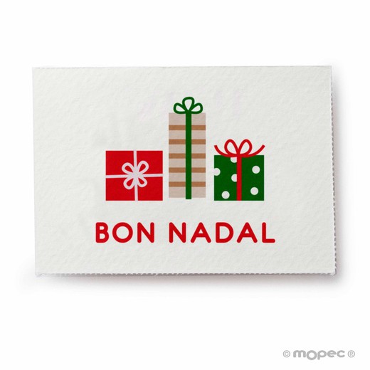 Tarjeta Bon Nadal con regalos 5x3,5cm.1hj=36u.min5