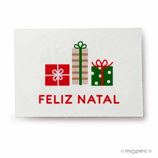 Tarjeta Feliz Natal con regalos 5x3,5cm.1hj=36u.min5