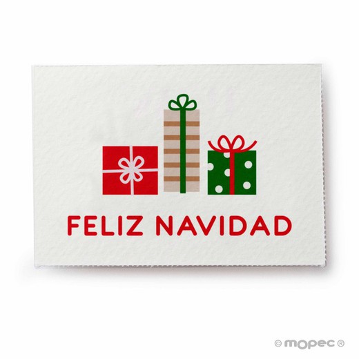 Tarjeta Feliz Navidad con regalos 5x3,5cm.1hj=36u.min5