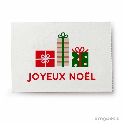 Tarjeta Joyeux Noël con regalos 5x3,5cm.1hj=36u.min5