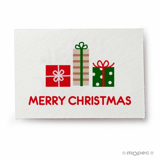Tarjeta Merry Christmas con regalos 5x3,5cm.1hj=36u.min5