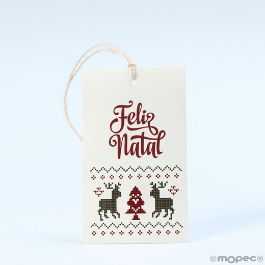 Tarjetón Feliz Natal reno tejido con cinta 6x10cm