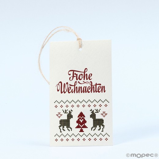 Tarjetón Frohe Weihnachten reno tejido con cinta 6x10cm