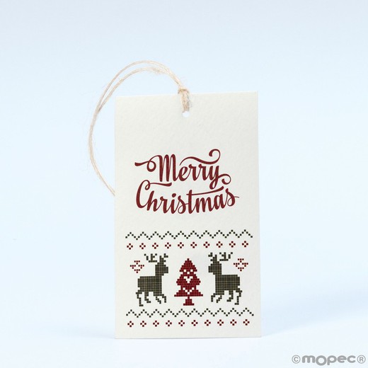 Tarjetón Merry Christmas reno tejido con cinta 6x10cm