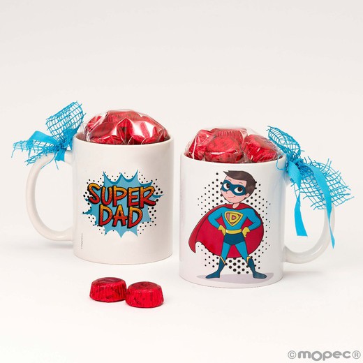 Taza cerámica 6 bombones SUPER DAD en caja regalo