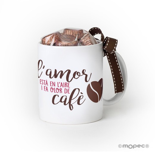 Taza cerámica El Amor...Huele a Café con 6 bombones en caja regalo