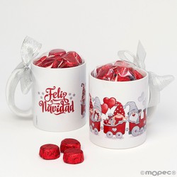 Taza cerámica Feliz Navidad tren gnomos rojos con bombones y caja regalo