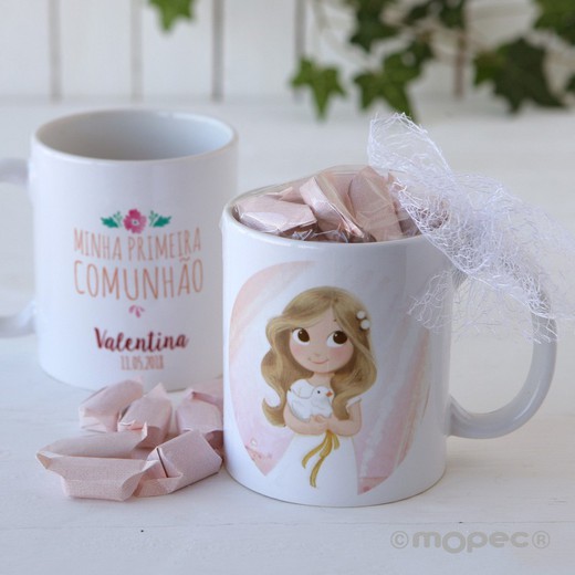 Taza cerámica niña Primeira Comunhão en caja regalo con 7 caramelos
