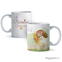 Taza cerámica niña Primera Comunió en bici en caja regalo