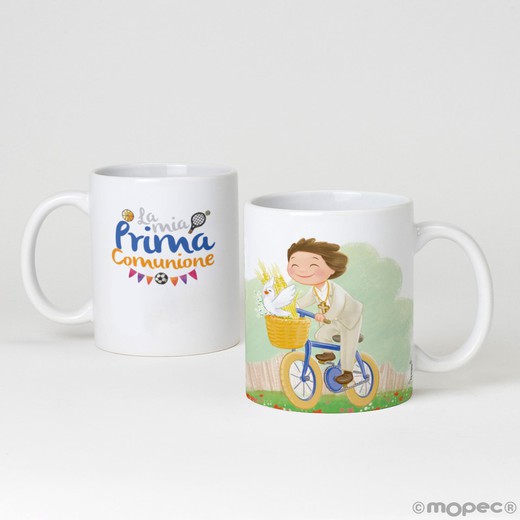 Taza cerámica niño Comunión bimbo in bici, con caja regalo