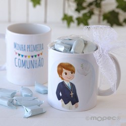 Taza cerámica niño Primeira Comunhão en caja regalo con 7 caramelos