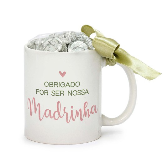 Taza cerámica "Obrigado Madrinha" 6 bombones en caja regalo