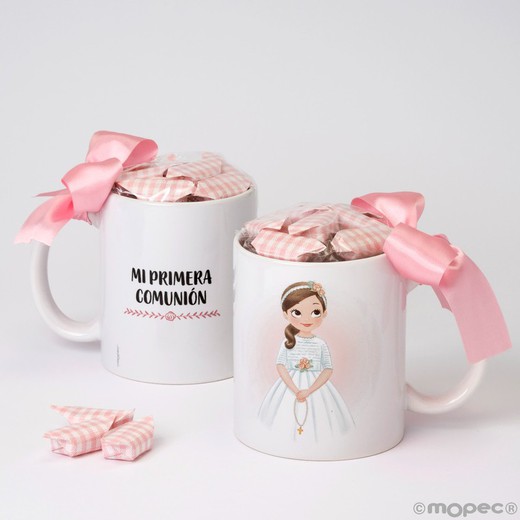 Taza cerámica Primera Comunión niña rosario con 7 caramelos