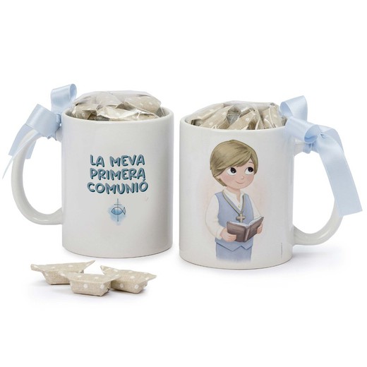 Taza Comunió niño chaleco y Biblia 7 caramelos caja regalo