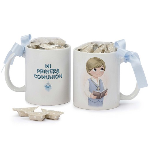 Taza Comunión niño chaleco y Biblia 7 caramelos caja regalo