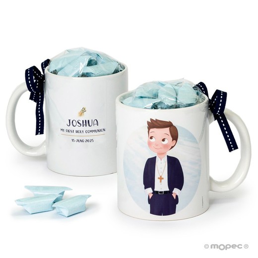 Taza Comunión niño manos bolsillos 7 caramelos en caja regalo