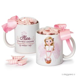 Taza Comunione niña cesta flores 7caramelos en caja regalo