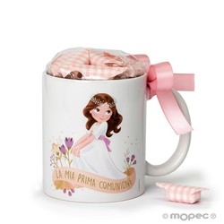 Taza Comunione niña sujetando falda 7 caramelos caja regalo