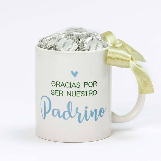 Taza de cerámica "Gracias Padrino" con 6 bombones en caja regalo