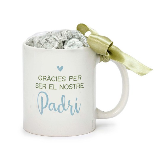 Taza de cerámica "Gràcies Padrí" con 6 bombones en caja regalo