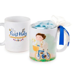 Taza niño Comunión en bici con caja regalo y 7 caramelos