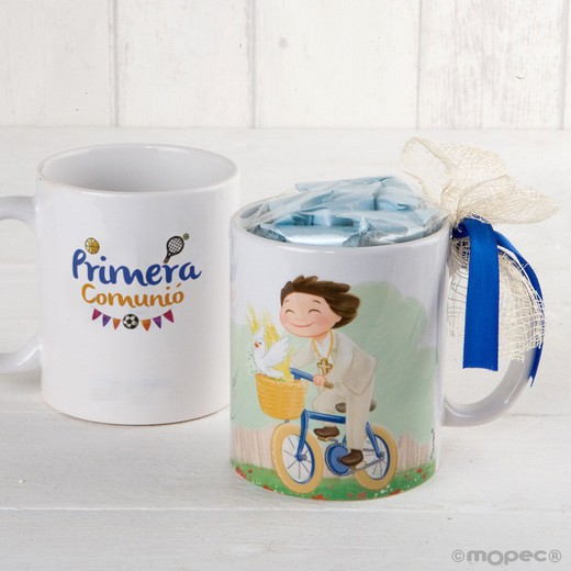 Taza niño Comunión en bici con caja regalo y 7 caramelos