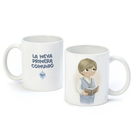 Taza Primera Comunió niño chaleco y Biblia en caja regalo