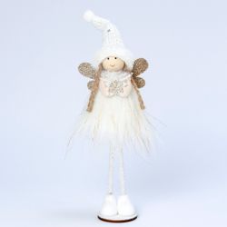 Angelita vestido blanco y alas doradas base madera 28 cm.