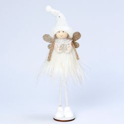 Angelita vestido blanco y alas doradas base madera 28 cm.