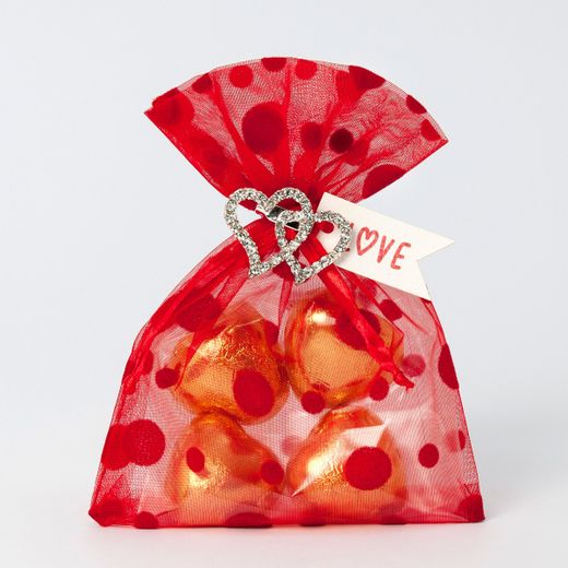 Bolsita roja broche corazones strass, tarjeta 4 cora-chocs