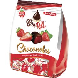 Bon Roll Choconolas Fraise. Bonbons gélifiés enrobés de chocolat à la fraise.