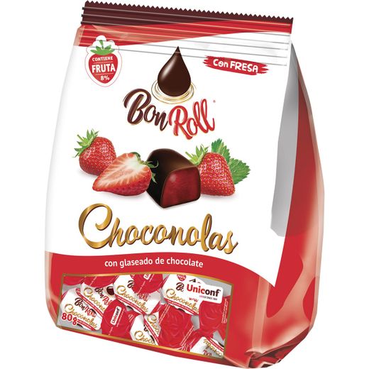 Bon Roll Choconolas Fraise. Bonbons gélifiés enrobés de chocolat à la fraise.
