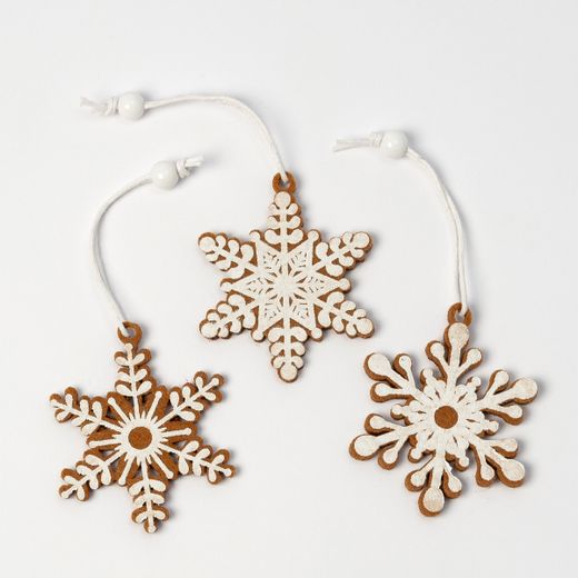 Caja de 12 colgantes de fieltro copo de nieve 3 surtido