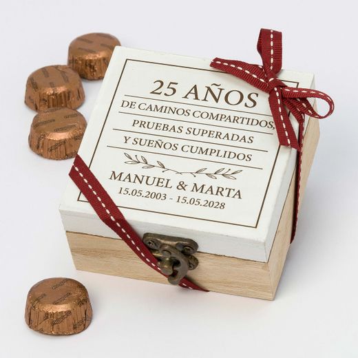 Caja madera 25 aniversario personalizada 4bombones