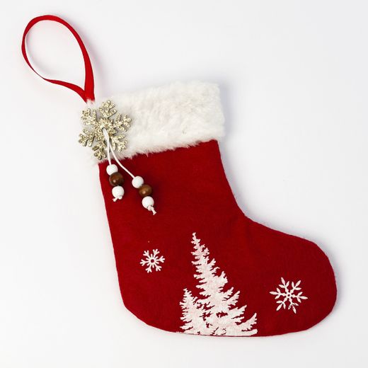 Calcetín rojo 19cm. arbol, copo nieve dorado