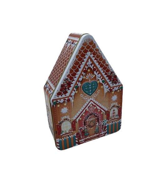 Caja bombones Casita Gingerbread Navidad  de Chocoday. Caja de lata con 300 gramos de bombones praliné