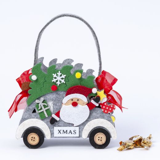 Cesto fieltro gris Papa Noel en coche 15minifruit 20 cm.